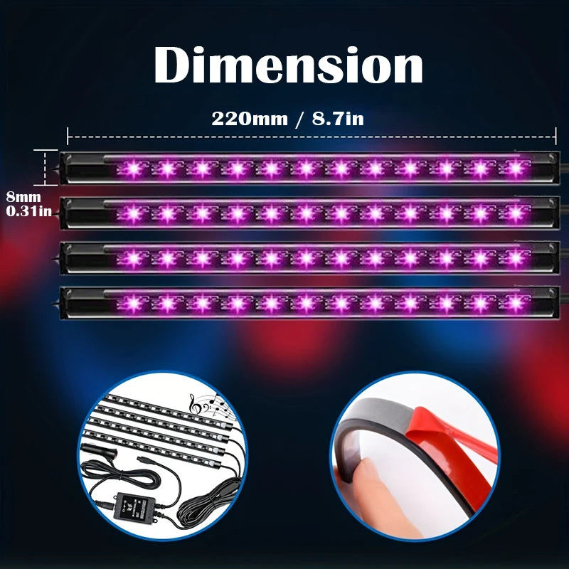 LED Car Music Light Strip 48LEDs USB Smart Bluetooth APP Control Waterproof Multi-color RGB Car Interior Atmosphere Light Strip