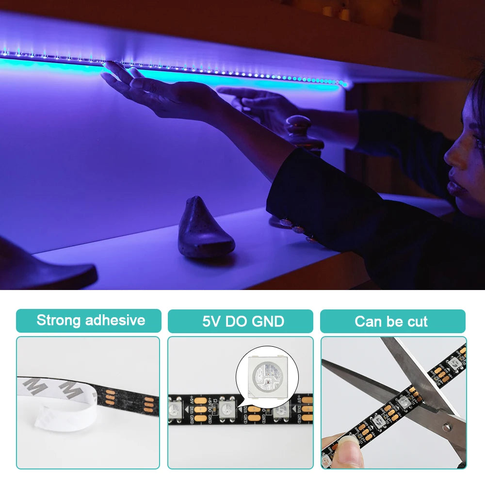 WS2812B LED Light DC5V Smart Pixel RGB Led Strip Light Individually Addressable IC IP30 IP65 IP67 Magic Tape Light Black PCB