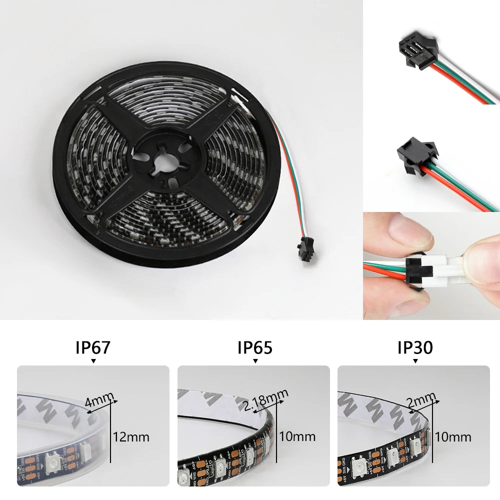 WS2812B LED Light DC5V Smart Pixel RGB Led Strip Light Individually Addressable IC IP30 IP65 IP67 Magic Tape Light Black PCB